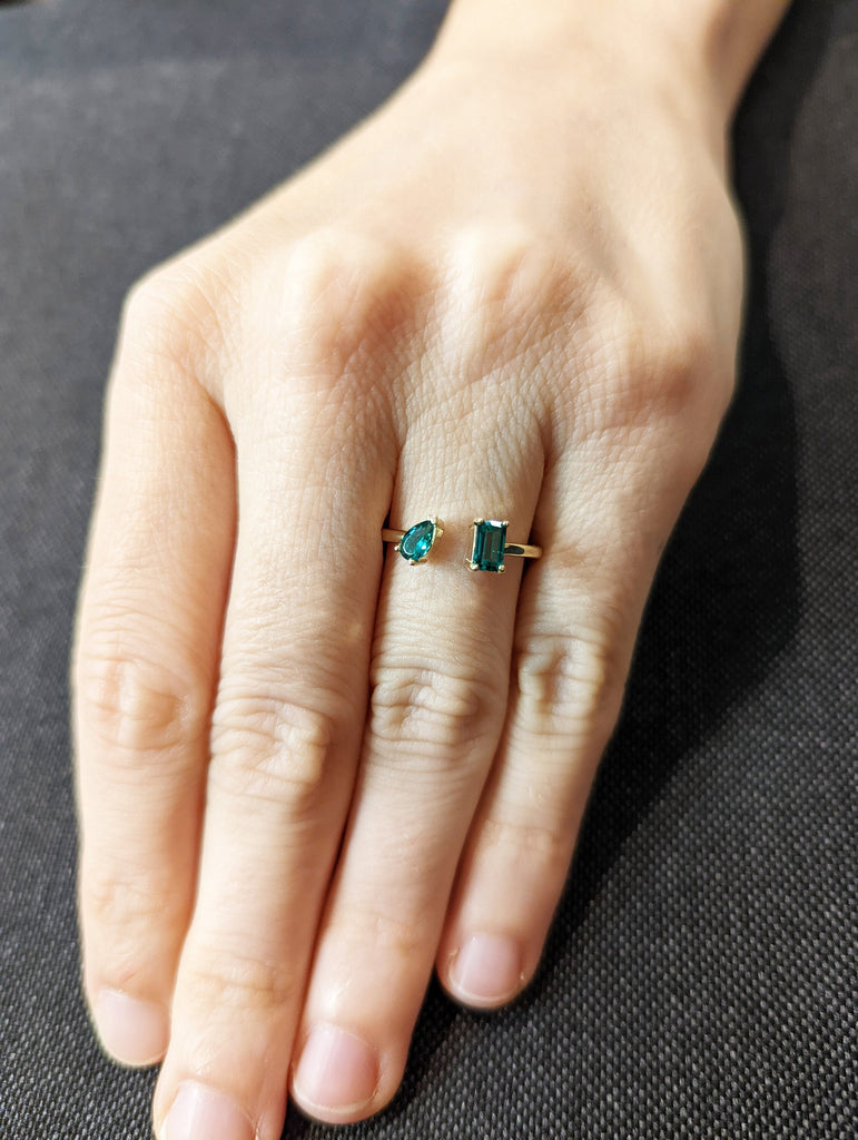 Emerald and Pear Cut Ring / Emerald Cuff Ring / 14k Gold Emerald Ring / Pear Shape Ring / Open Design Ring