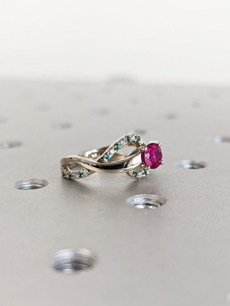 Ruby Engagement Ring, Diamond And Emerald Ring Ruby Ring, Spiral Engagement Ring White Gold Ruby Ring, Leaf Ring, Nature Ring