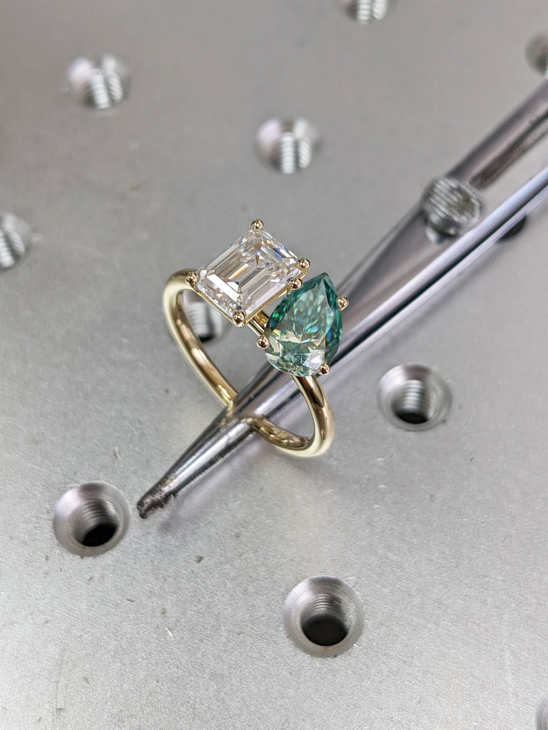 Pear And Emerald Cut Toi Et Moi Moissanite Ring / Green Pear Moissanite Engagement Ring / Yellow Gold Anniversary Ring / Two Stone Ring