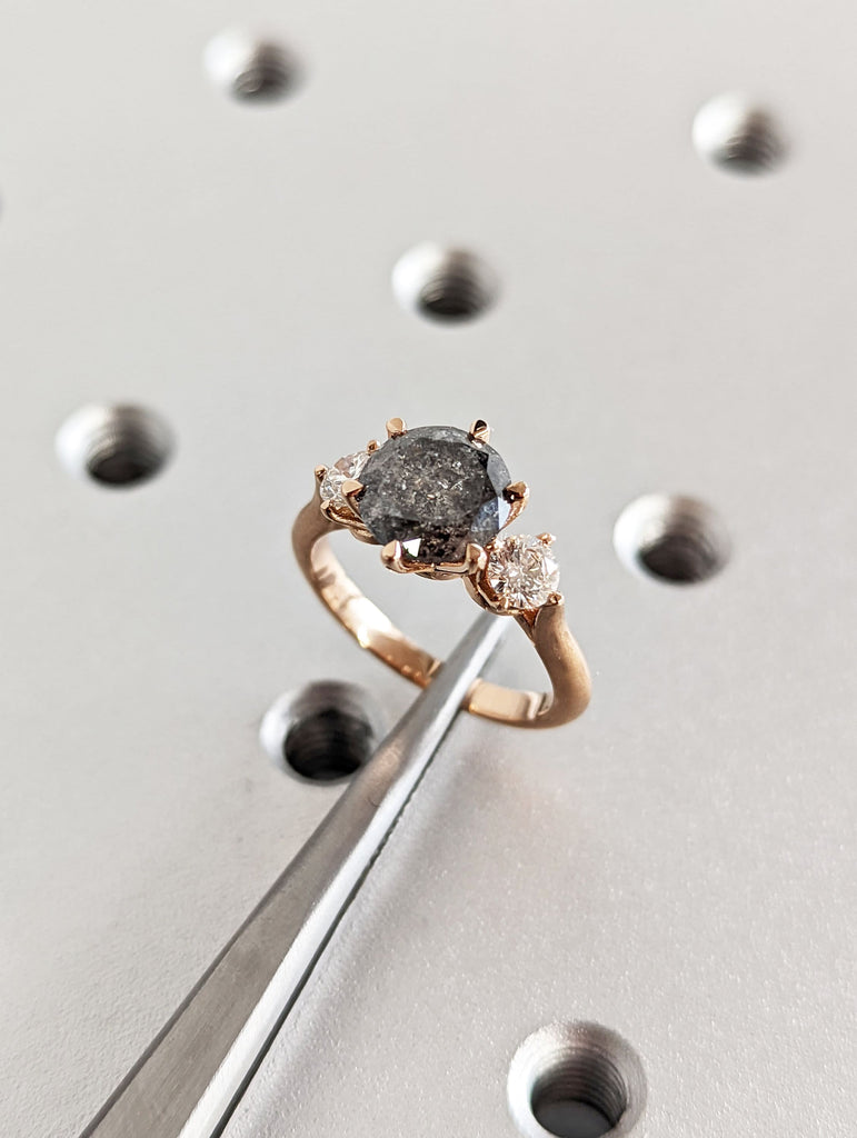 Natural Grey Diamond Trinity Ring: Solid Gold Matte Finish, Round cut Salt and Pepper Diamond in Talon Prong Setting