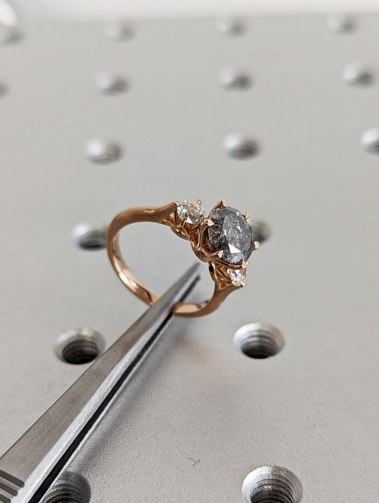 Salt and Pepper Diamond Engagement Rings for Women | 18k Rose Gold Engagement Rings | Three Stone Trinity Ring | Diamond Wedding Bands