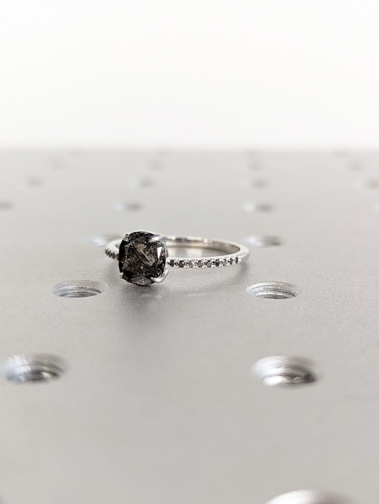 1.0 Carat 1920's Raw Salt and Pepper Diamond, Cushion Diamond Ring, Unique Engagement Bridal, Black, Gray 14k Yellow, Rose White Gold