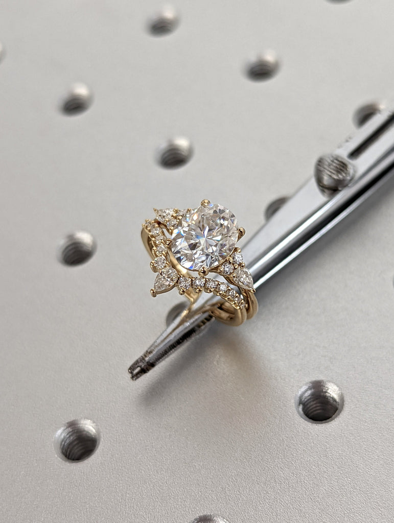 Oval cut Moissanite Engagement Ring | Matching Crown Ring 14k Yellow Gold Bridal Set | Stackable Cluster Ring