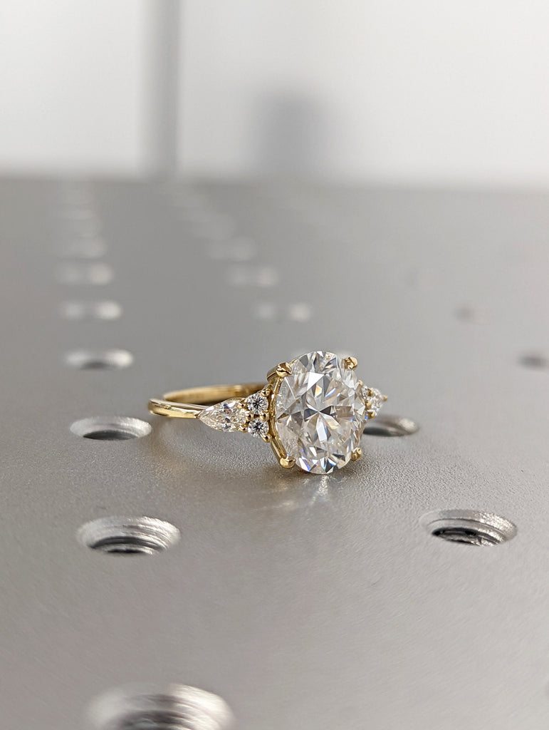 Oval cut Moissanite Engagement Ring | Matching Crown Ring 14k Yellow Gold Bridal Set | Stackable Cluster Ring