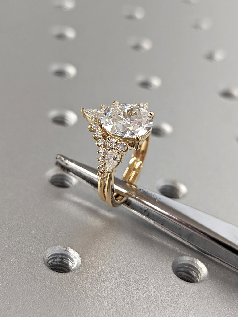 Oval cut Moissanite Engagement Ring | Matching Crown Ring 14k Yellow Gold Bridal Set | Stackable Cluster Ring