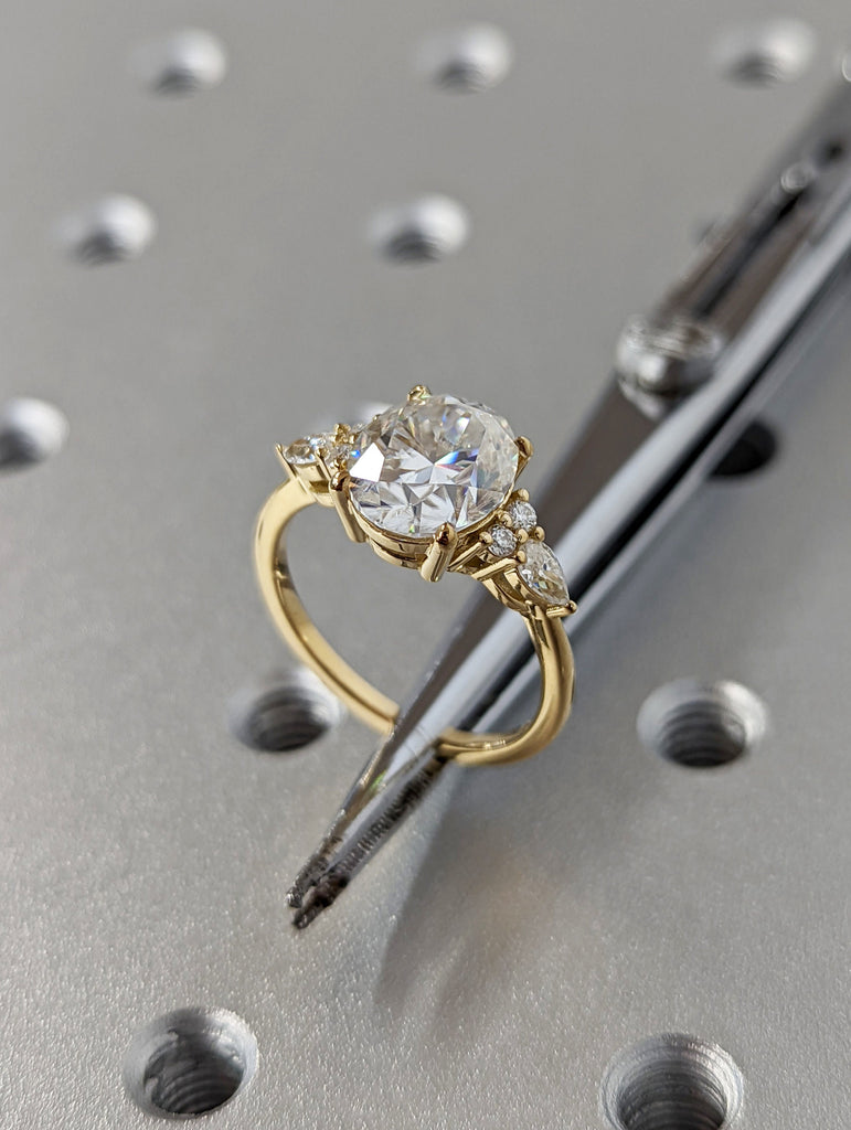 Oval cut Moissanite Engagement Ring | Matching Crown Ring 14k Yellow Gold Bridal Set | Stackable Cluster Ring