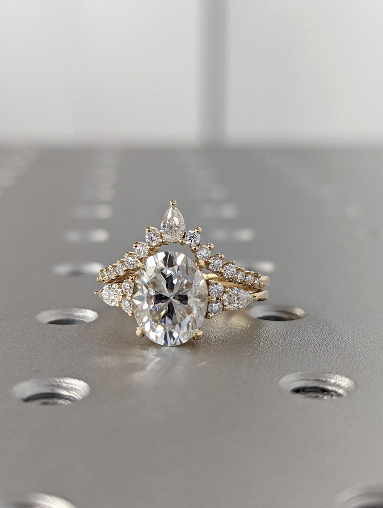 Oval cut Moissanite Engagement Ring | Matching Crown Ring 14k Yellow Gold Bridal Set | Stackable Cluster Ring