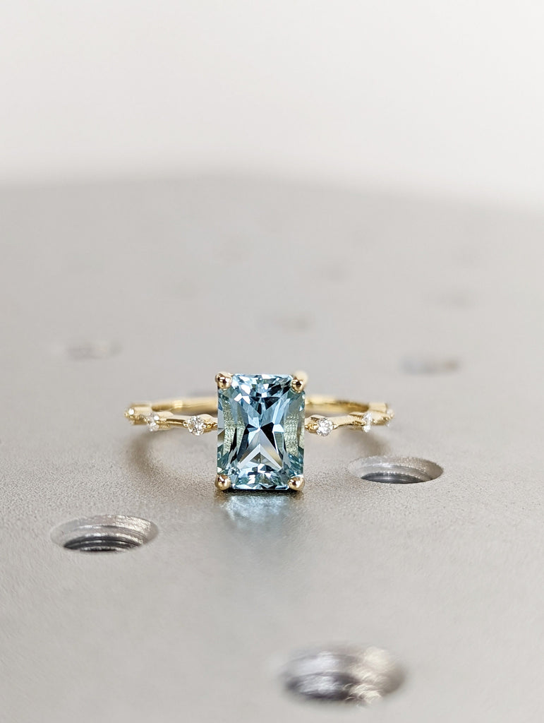 Unique Aquamarine Ring, Elegant Engagement Ring, Blue Promise Ring, 14k Radiant Cut Aquamarine Ring, Anniversary Birthday Gift For Her