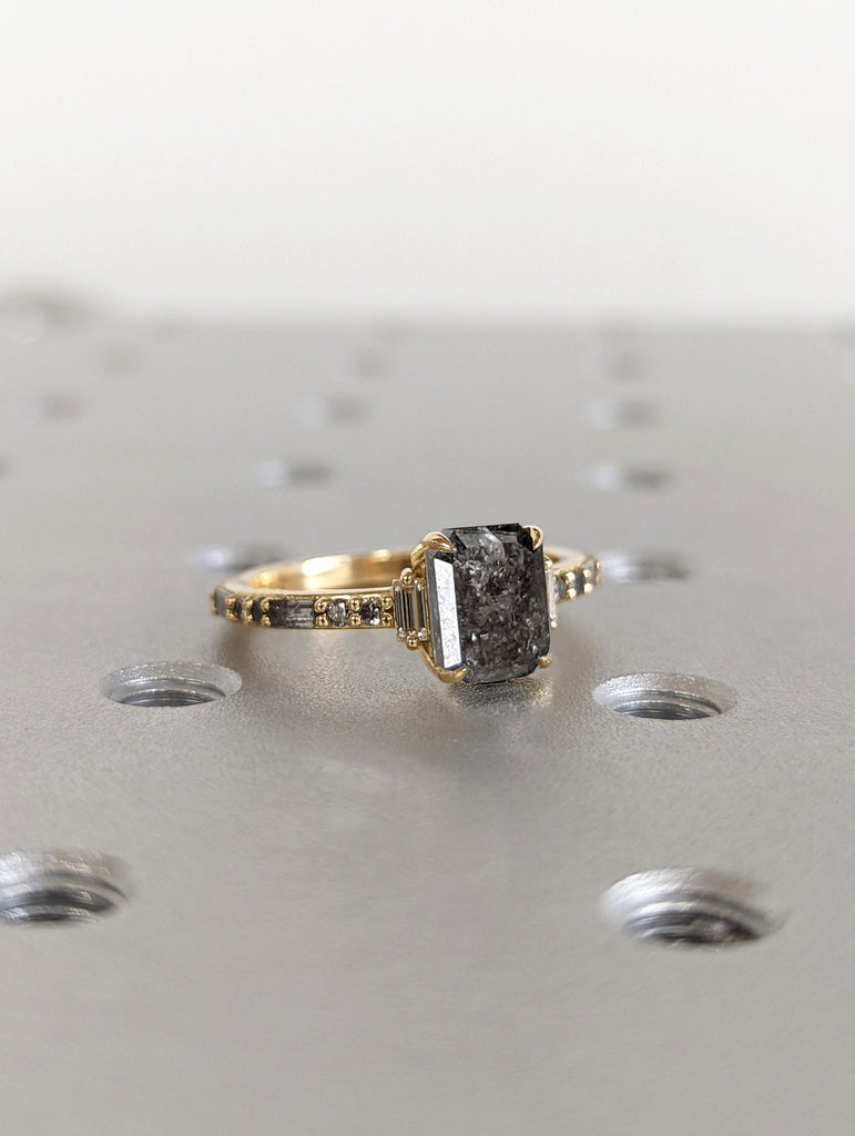 Raw Diamond Emerald Baguette Diamond, Salt and Pepper, Unique Engagement Ring, Rose Cut Geometric Diamond Ring, 14k Gold, Custom Handmade