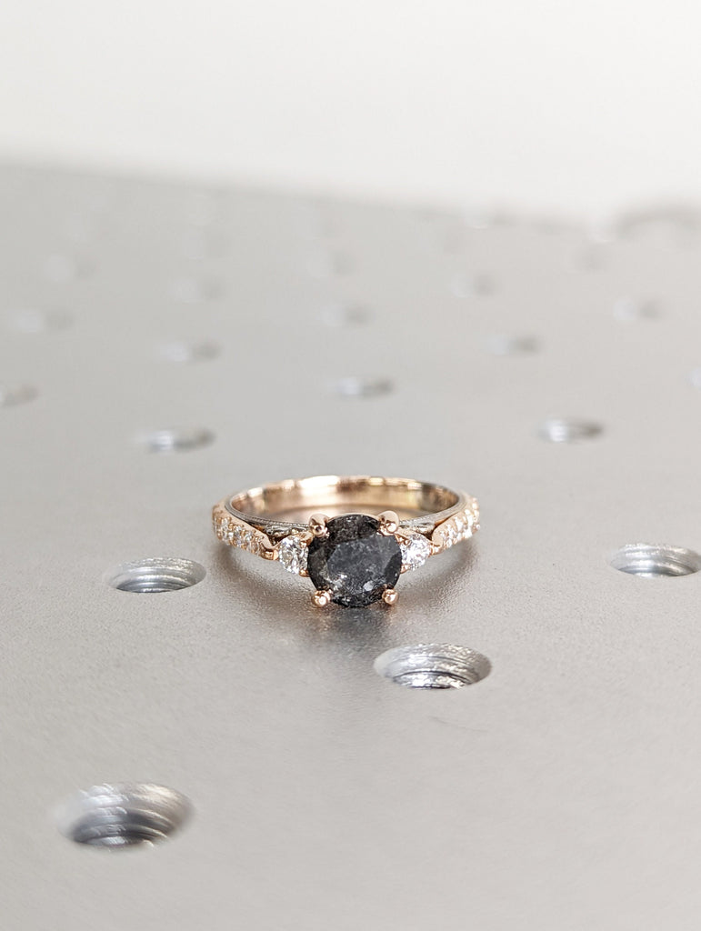 14k Rose Gold and White Gold Engagement Ring: Round cut Salt and Pepper Grey Diamond