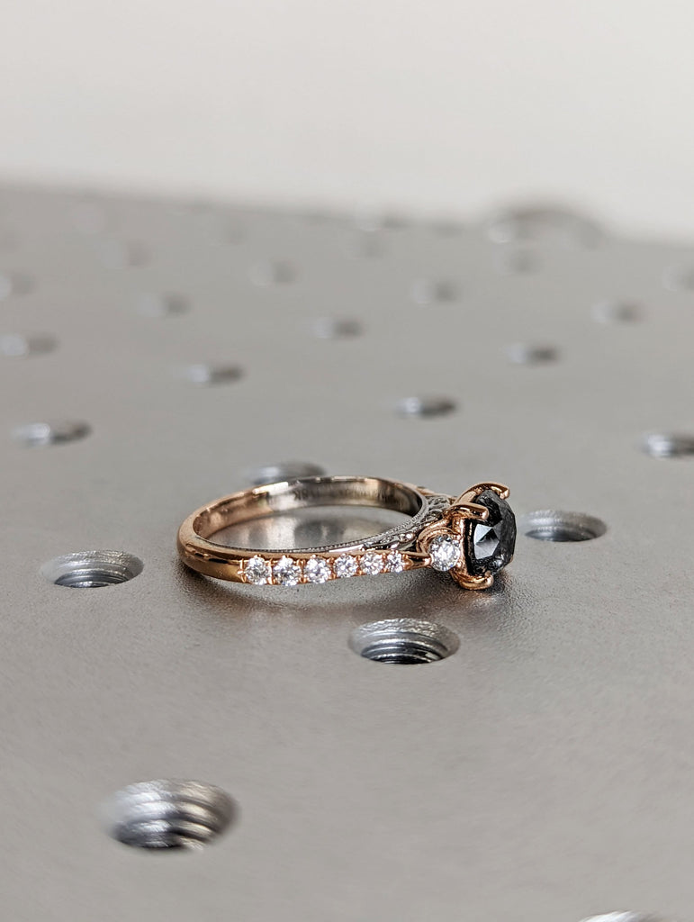 14k Rose Gold and White Gold Engagement Ring: Round cut Salt and Pepper Grey Diamond