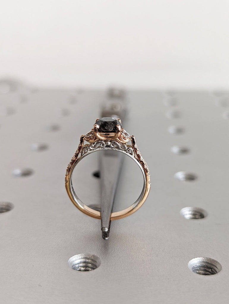 Hand Engrave Filigree Vintage Engagement Ring | Double Shank Dual Tone Unique Ring