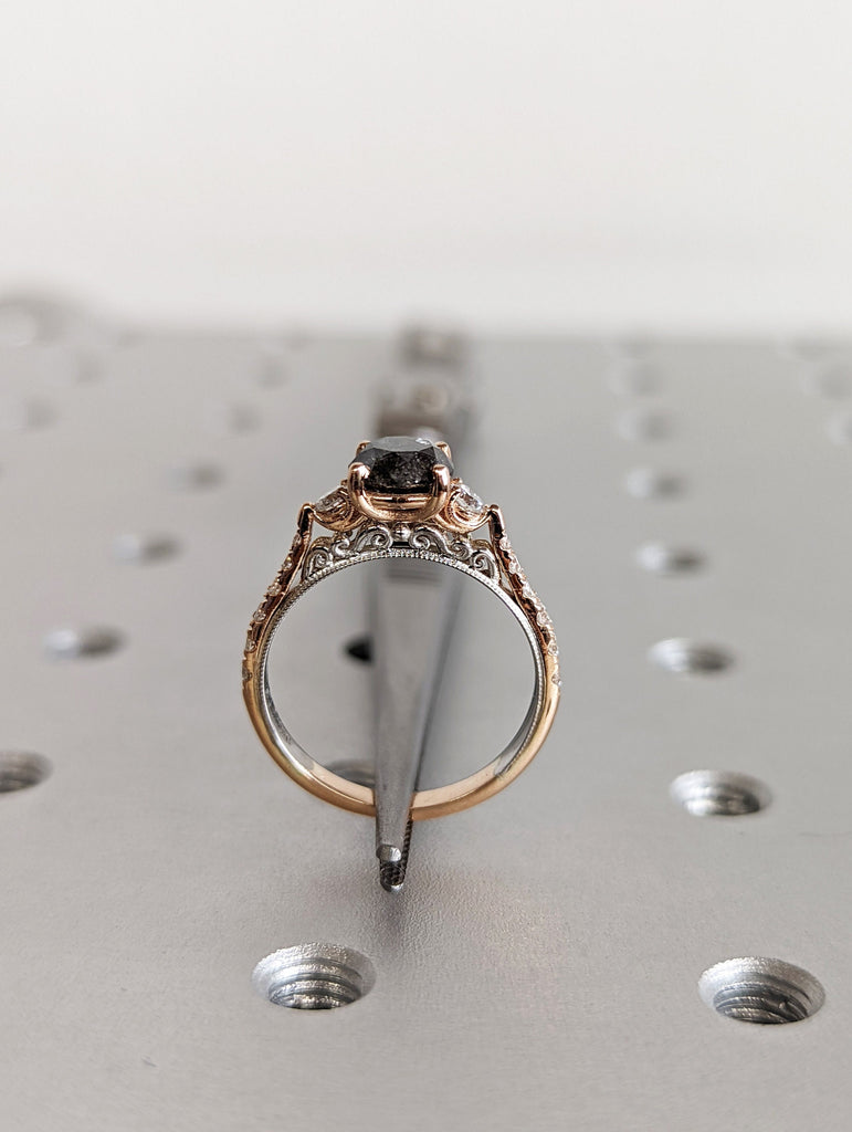 Salt and pepper engagement ring round cut vintage engagement ring prong set ring diamond ring two tone anniversary ring rose & white gold
