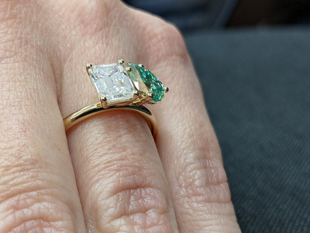 2.5 Carat Double Stone Engagement Ring Green Pear Cut and Emerald Cut Moissanite Two Stone Wedding Ring 14K White Yellow Rose Gold