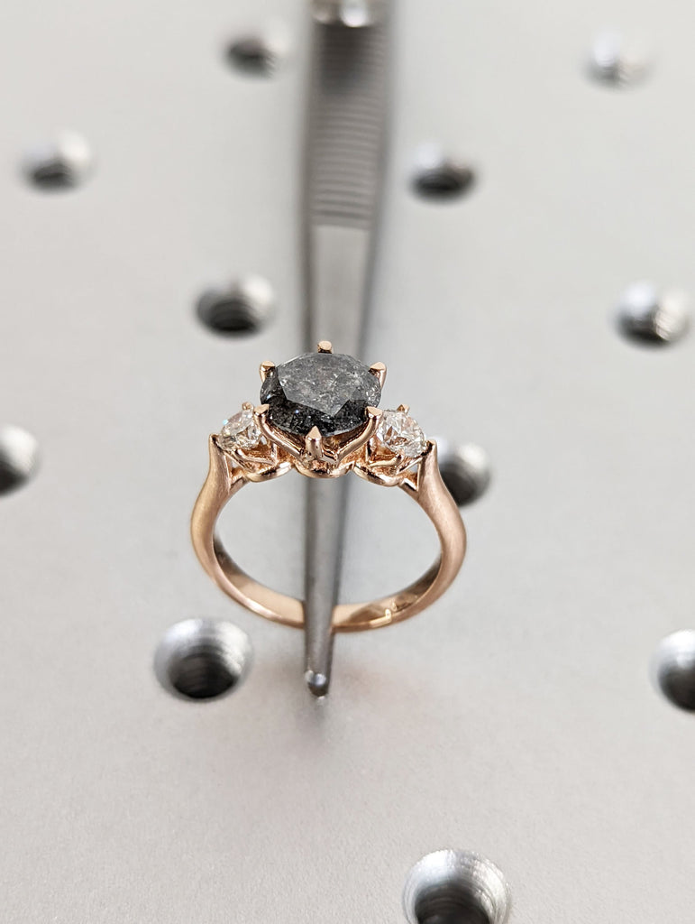 Salt and Pepper Diamond Engagement Rings for Women | 18k Rose Gold Engagement Rings | Three Stone Trinity Ring | Diamond Wedding Bands