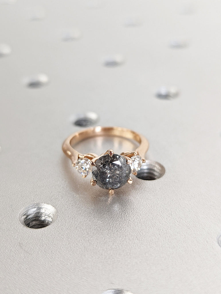 Natural Grey Diamond Trinity Ring: Solid Gold Matte Finish, Round cut Salt and Pepper Diamond in Talon Prong Setting
