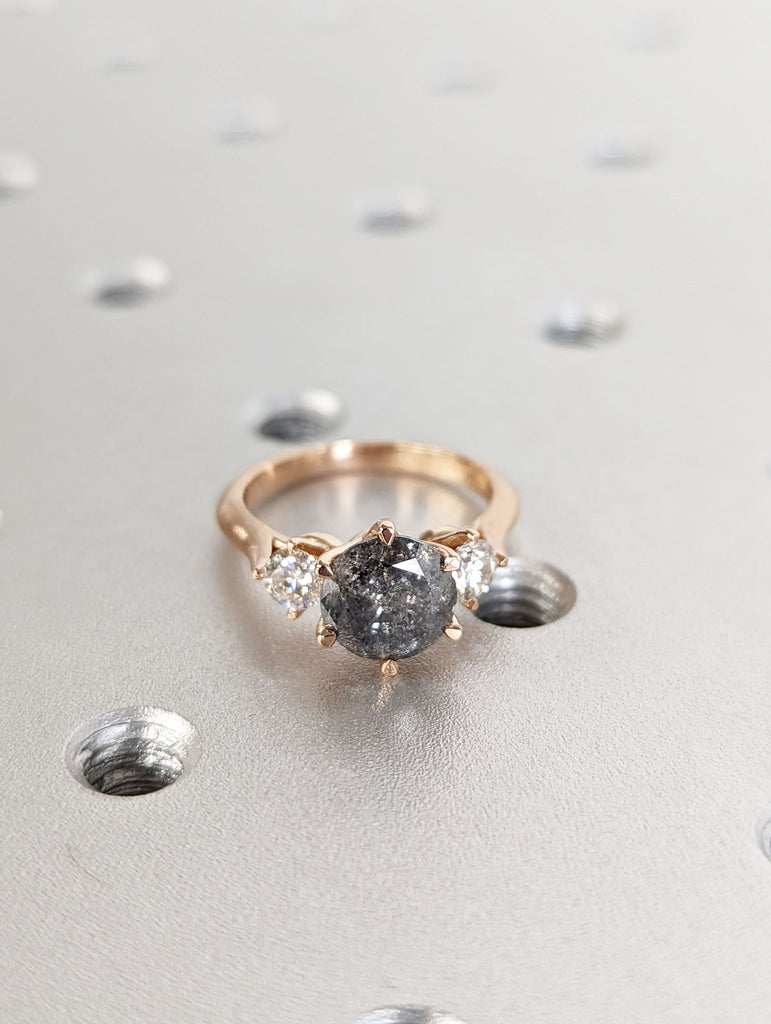 Salt and Pepper Diamond Engagement Rings for Women | 18k Rose Gold Engagement Rings | Three Stone Trinity Ring | Diamond Wedding Bands