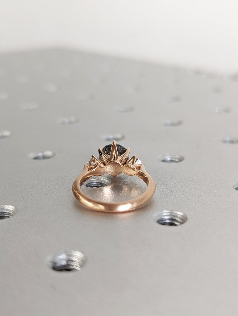 Natural Grey Diamond Trinity Ring: Solid Gold Matte Finish, Round cut Salt and Pepper Diamond in Talon Prong Setting