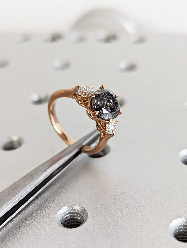 Salt and Pepper Diamond Engagement Rings for Women | 18k Rose Gold Engagement Rings | Three Stone Trinity Ring | Diamond Wedding Bands