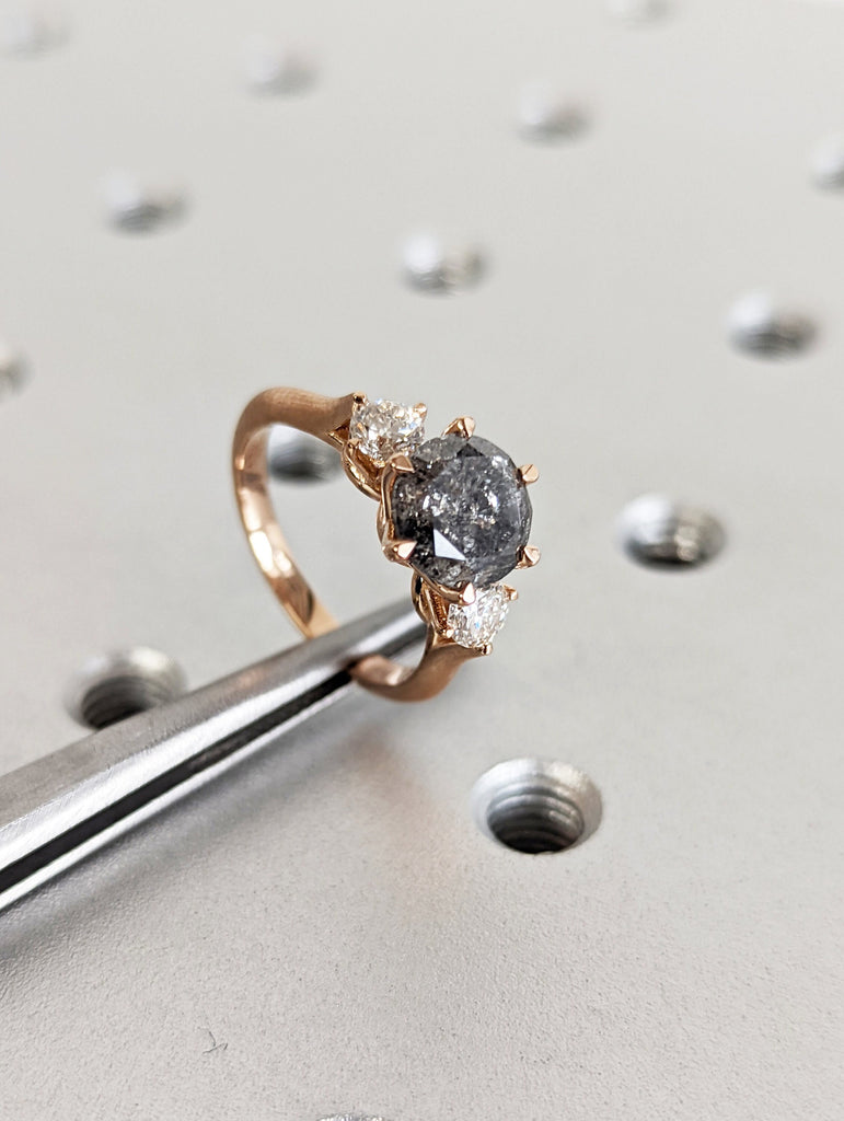 Salt and Pepper Diamond Engagement Rings for Women | 18k Rose Gold Engagement Rings | Three Stone Trinity Ring | Diamond Wedding Bands