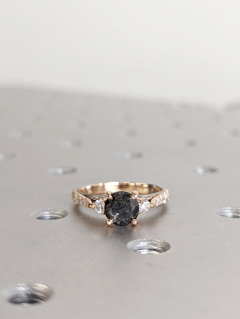 14k Rose Gold and White Gold Engagement Ring: Round cut Salt and Pepper Grey Diamond