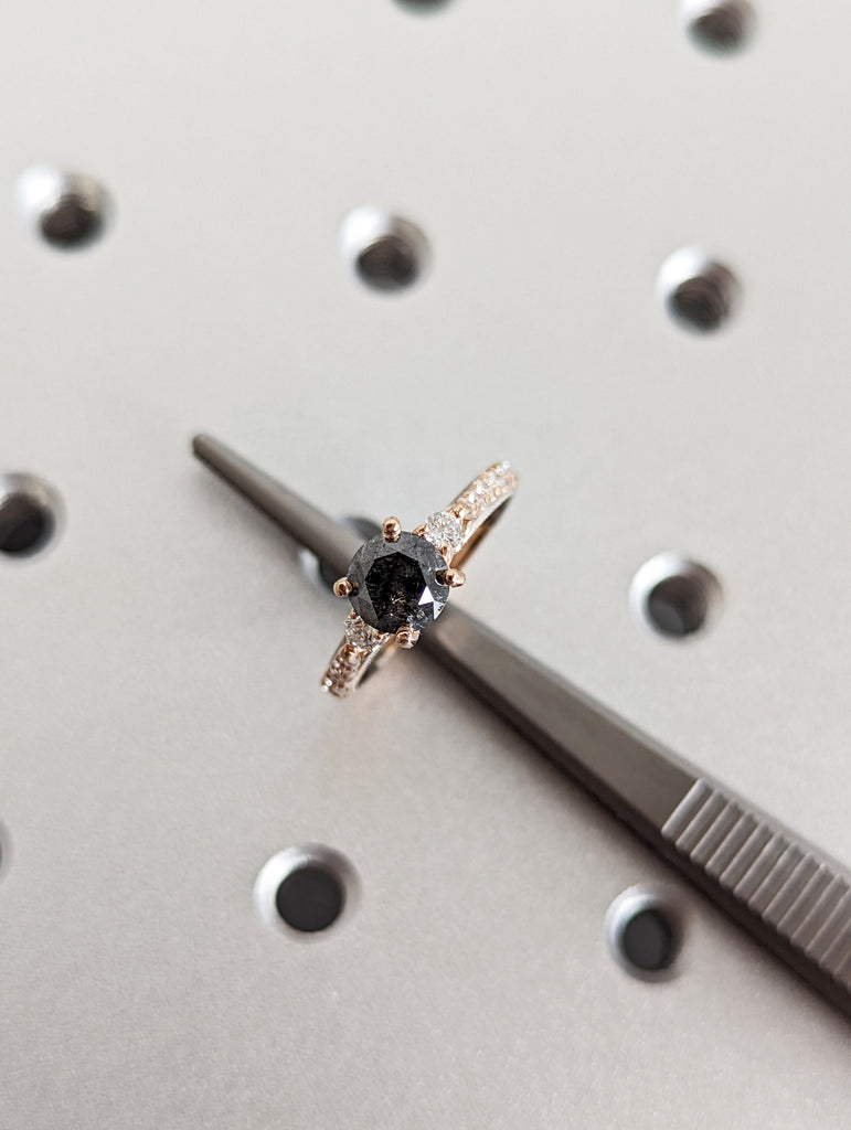 14k Rose Gold and White Gold Engagement Ring: Round cut Salt and Pepper Grey Diamond