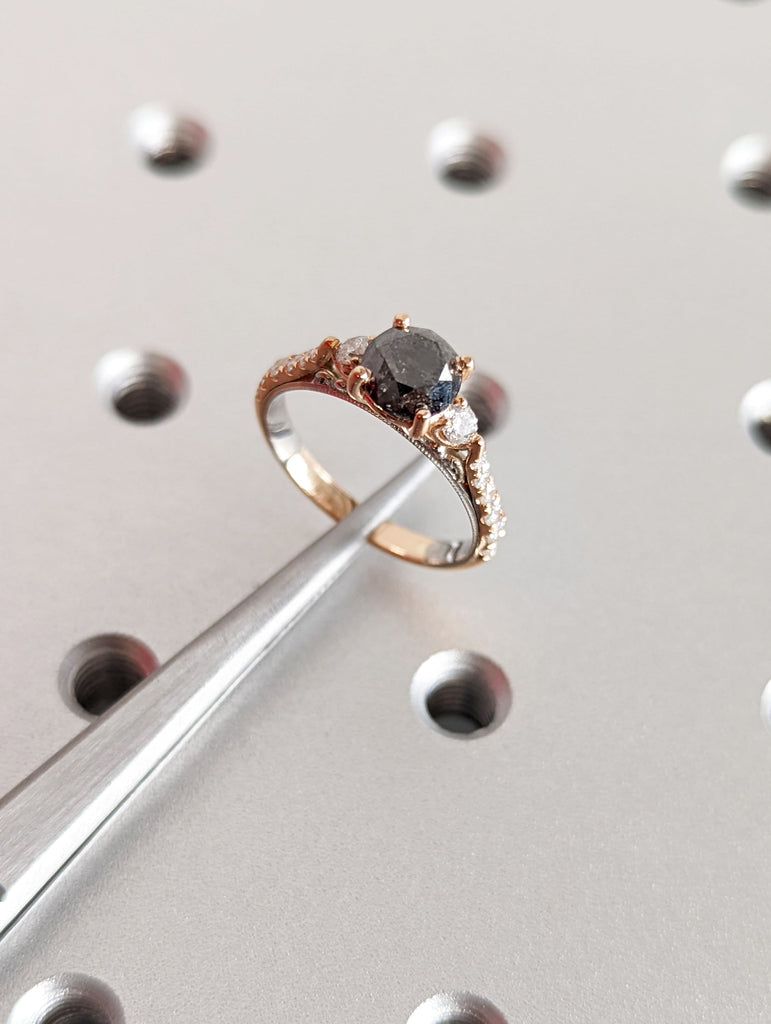 14k Rose Gold and White Gold Engagement Ring: Round cut Salt and Pepper Grey Diamond