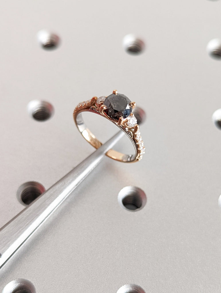 Unique Salt and Pepper Diamond Engagement Ring | Two Tone Half Eternity Promise Ring | 14k White/Rose Gold Vintage Filigree Ring for Her