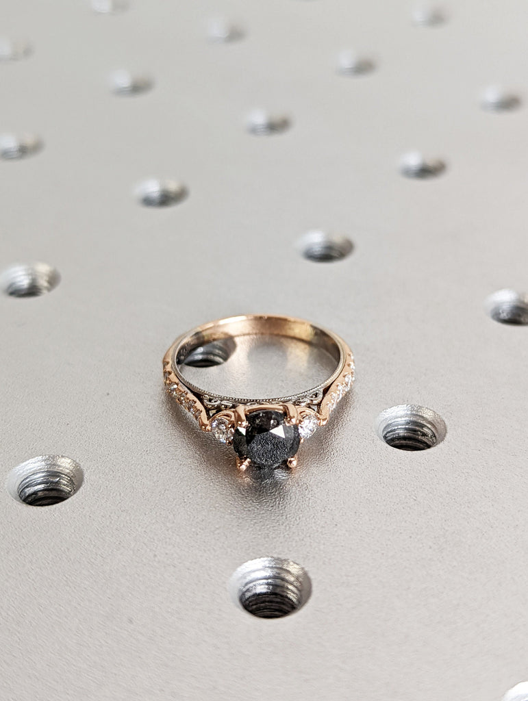 14k Rose Gold and White Gold Engagement Ring: Round cut Salt and Pepper Grey Diamond
