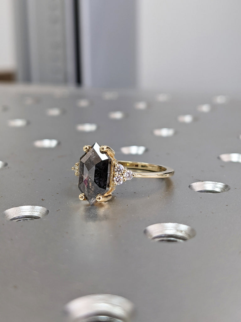 Raw Diamond Hexagon Round Diamond, Salt and Pepper, Unique Engagement Ring, Rose Cut Geometric Diamond Ring, 14k Gold, Custom Handmade