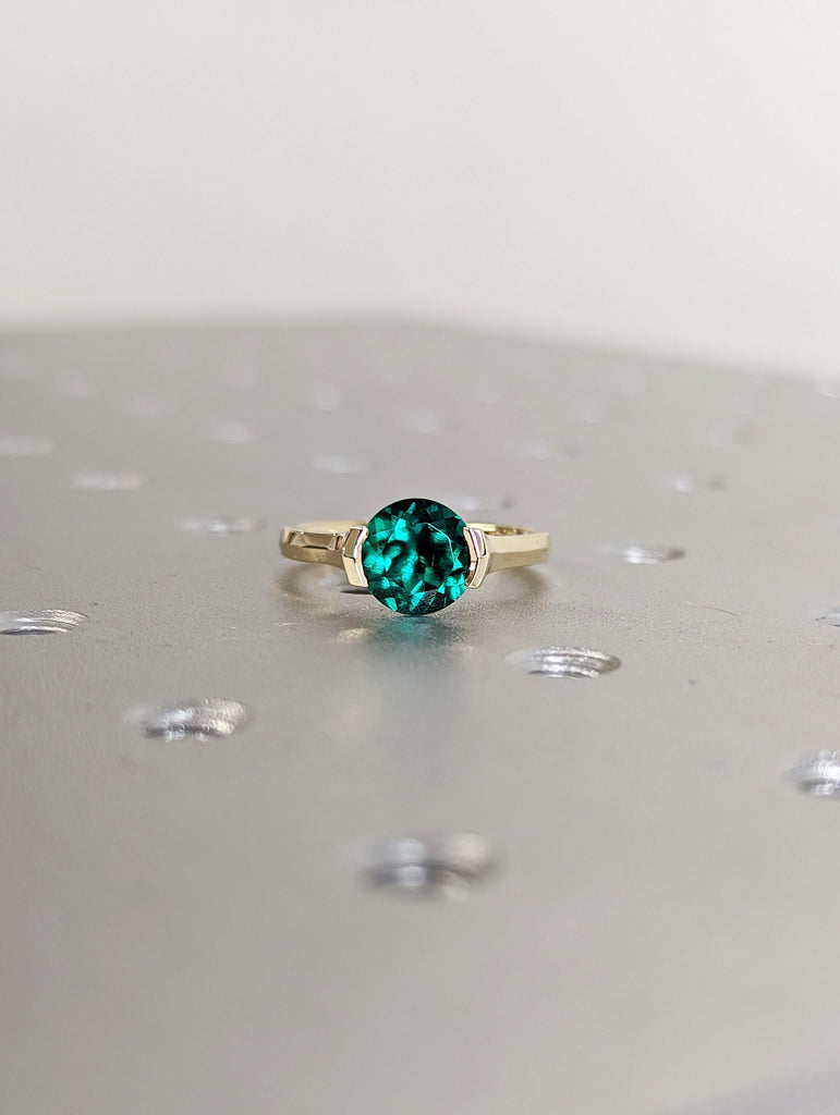 Solid Gold Lab Emerald Engagement Ring | 8mm Green Gemstone Birthstone Ring | Knife Edge Band Tension Setting Ring