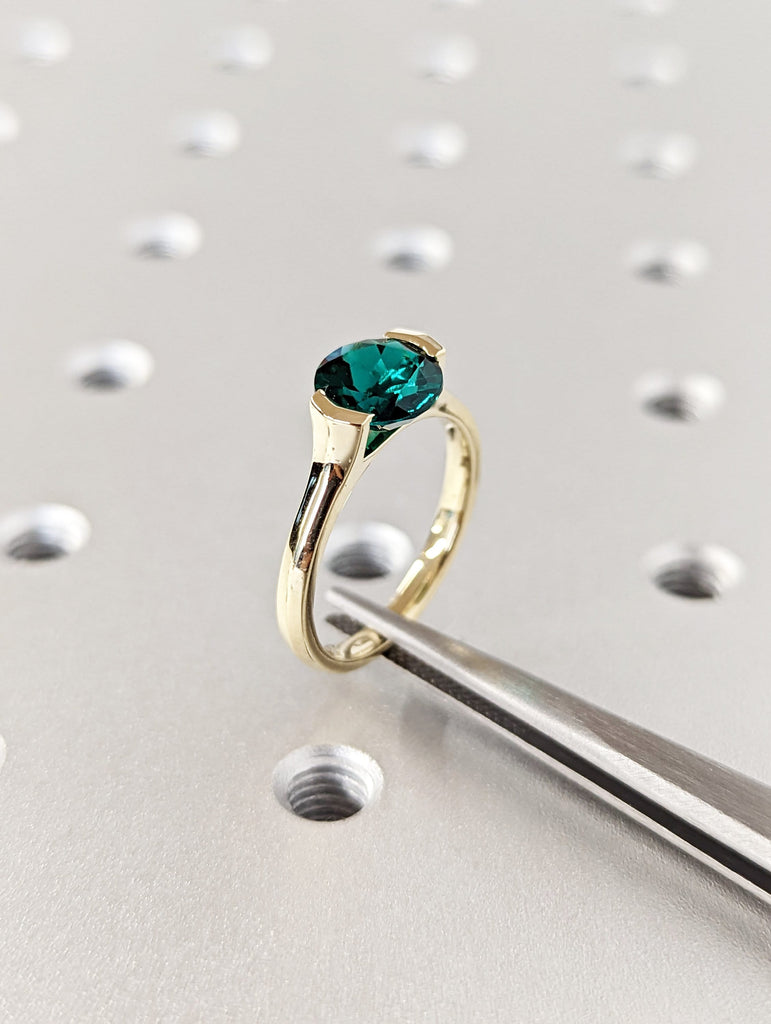 Solid Gold Lab Emerald Engagement Ring | 8mm Green Gemstone Birthstone Ring | Knife Edge Band Tension Setting Ring
