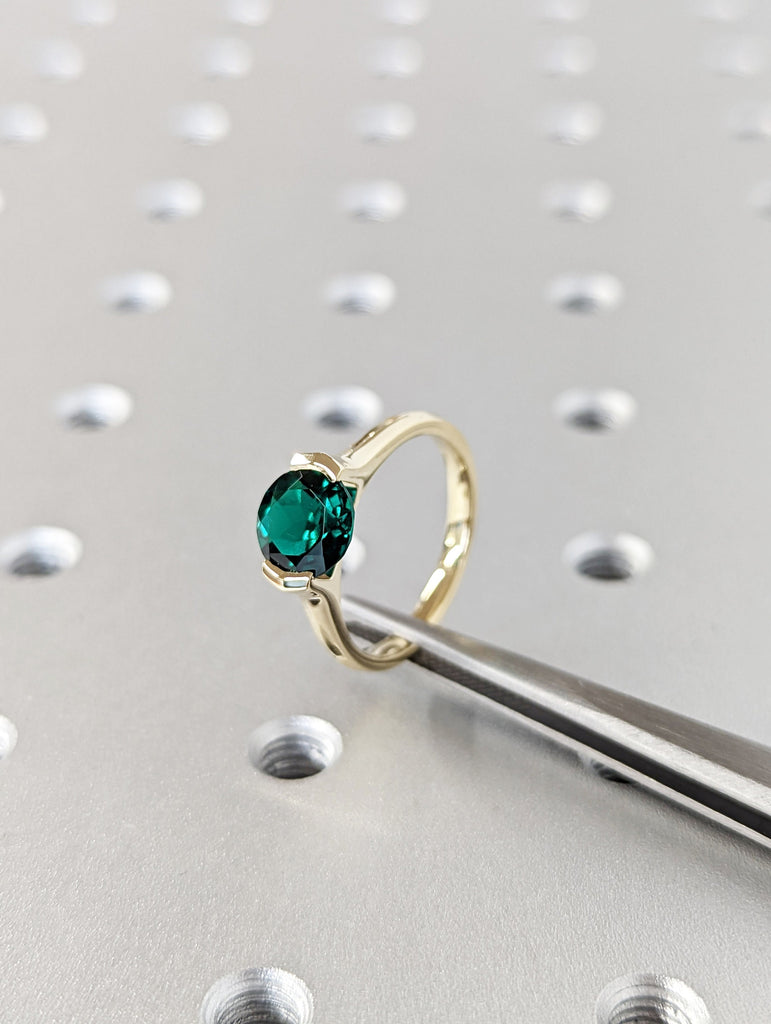 Solid Gold Lab Emerald Engagement Ring | 8mm Green Gemstone Birthstone Ring | Knife Edge Band Tension Setting Ring