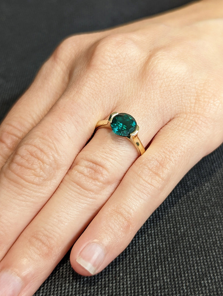 Solid Gold Lab Emerald Engagement Ring | 8mm Green Gemstone Birthstone Ring | Knife Edge Band Tension Setting Ring