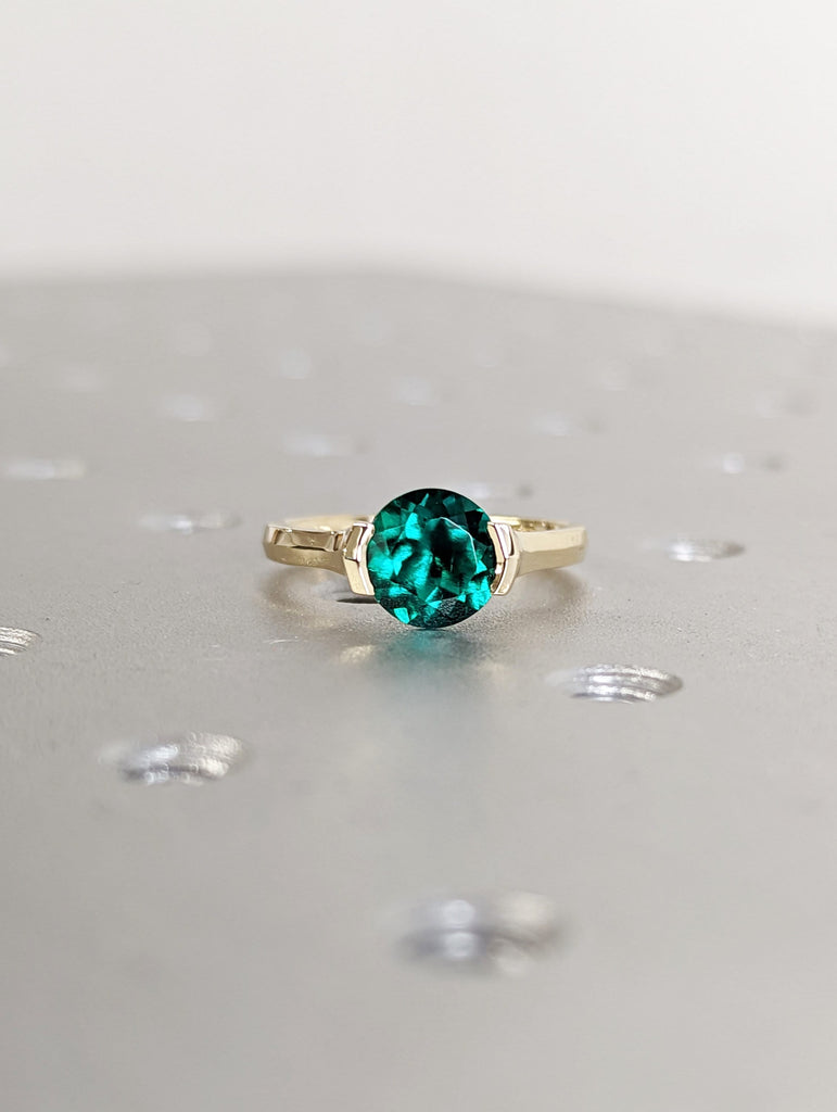 Solid Gold Lab Emerald Engagement Ring | 8mm Green Gemstone Birthstone Ring | Knife Edge Band Tension Setting Ring