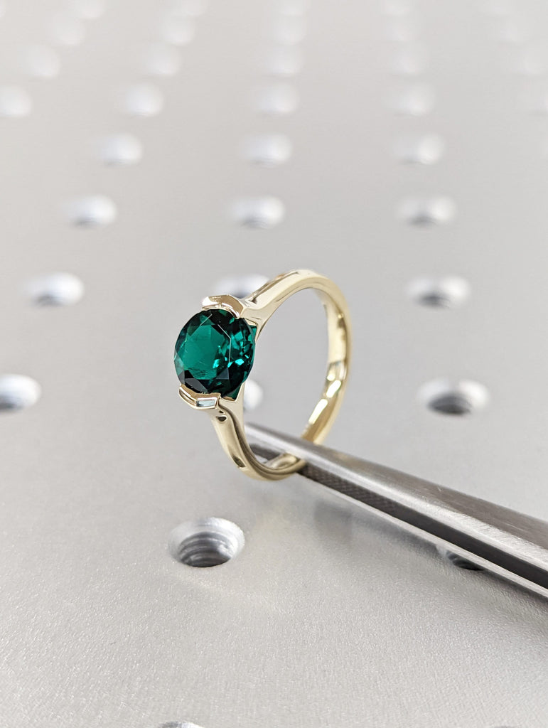 Solid Gold Lab Emerald Engagement Ring | 8mm Green Gemstone Birthstone Ring | Knife Edge Band Tension Setting Ring