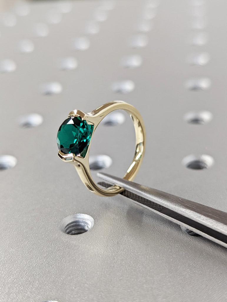Solid Gold Lab Emerald Engagement Ring | 8mm Green Gemstone Birthstone Ring | Knife Edge Band Tension Setting Ring
