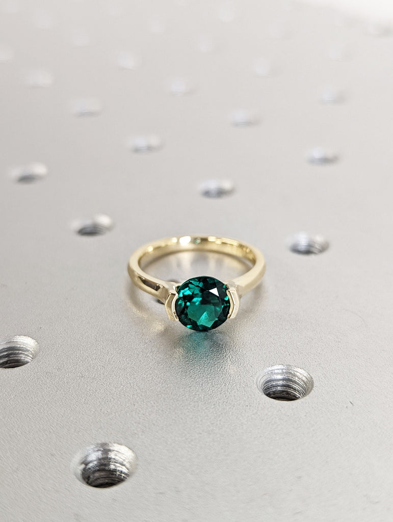Solid Gold Lab Emerald Engagement Ring | 8mm Green Gemstone Birthstone Ring | Knife Edge Band Tension Setting Ring