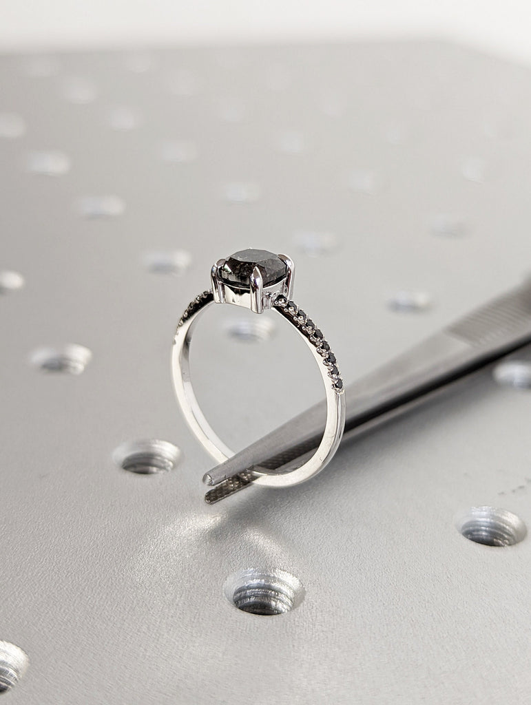 1.25 Carat 1920's Raw Salt and Pepper Diamond, Cushion Diamond Ring, Unique Engagement Bridal, Black, Gray 14k Yellow, Rose White Gold