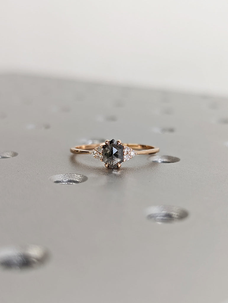 Vintage salt and pepper diamond engagement ring rose gold engagement ring diamond cluster ring wedding Bridal Anniversary Hexagon Cut