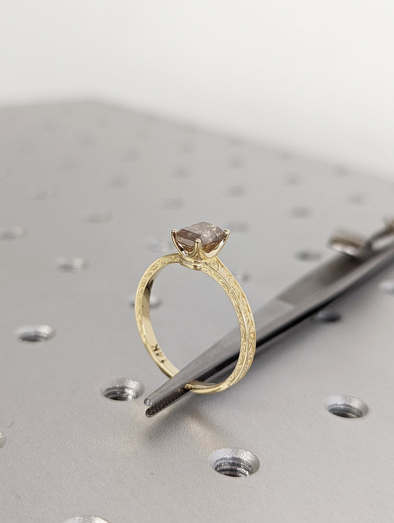 Raw Salt and Pepper Diamond Rose /White /Yellow Gold Engagement Ring Art Deco 1920's Inspired Thin Petite Band 18k Unique Ring for Her