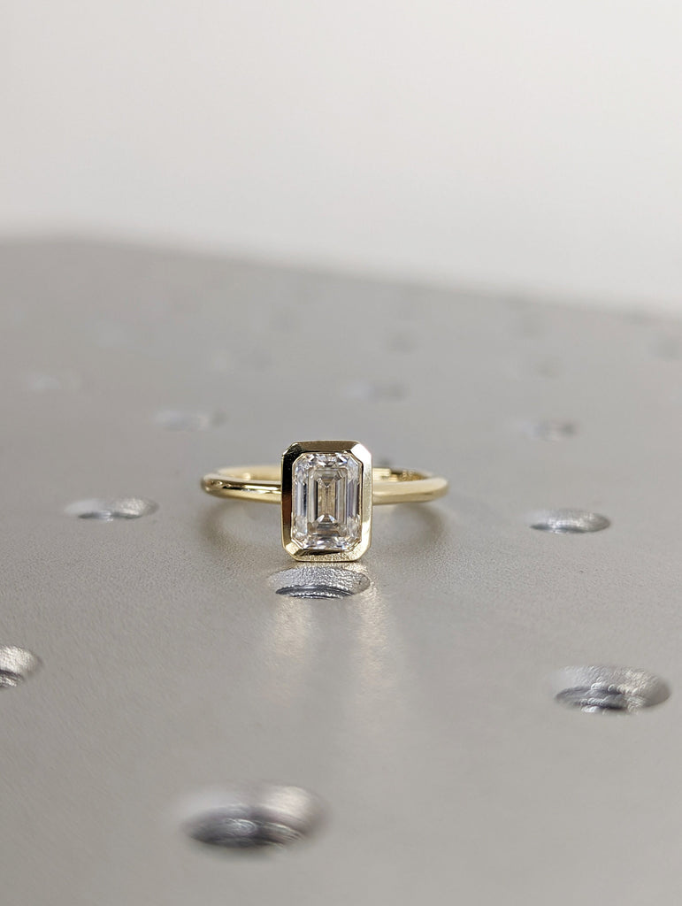 1CT Emerald Cut Moissanite Solitaire Ring, 14K Yellow Gold Engagement Ring, Bezel Setting, Statement Ring, Gift For Her, Bridal Set