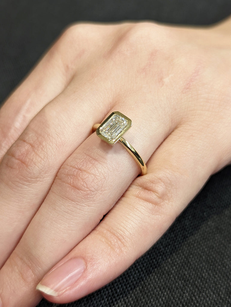 1CT Emerald Cut Moissanite Solitaire Ring, 14K Yellow Gold Engagement Ring, Bezel Setting, Statement Ring, Gift For Her, Bridal Set