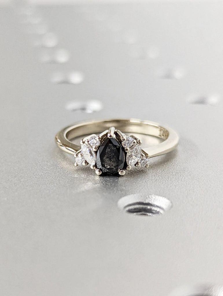 0.5ct Raw Salt and Pepper Diamond, Pear Diamond Ring, Unique Engagement Bridal Ring, Black, Gray Pear, 14k Yellow, Rose, or White Gold