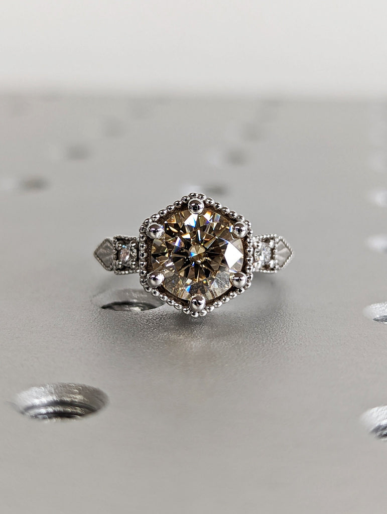 Vintage yellow moissanite engagement ring 14k white gold diamond Art deco wedding ring Vintage Filigree Ring engagement anniversary promise image #6