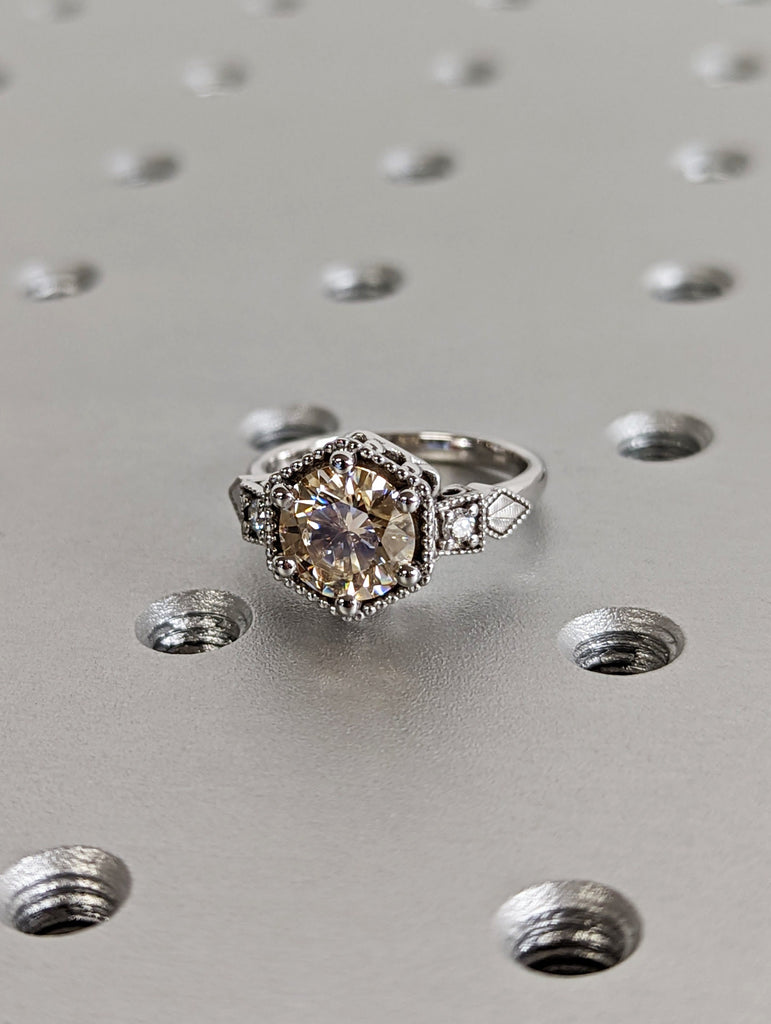 Vintage yellow moissanite engagement ring 14k white gold diamond Art deco wedding ring Vintage Filigree Ring engagement anniversary promise image #3