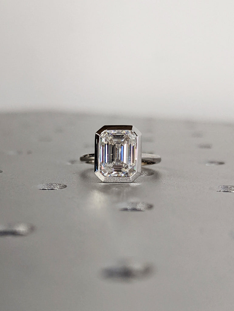 3CT Emerald Cut Moissanite Solitaire Ring, 14K White Gold Engagement Ring, Bezel Setting, Statement Ring, Gift For Her, Bridal Set