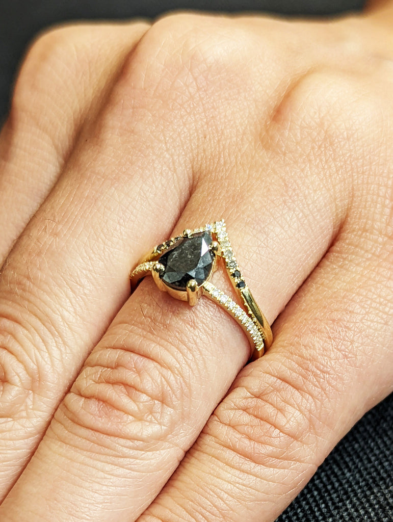 1.5 Carat 1920's Raw Salt and Pepper Diamond, Pear Diamond Ring, Unique Engagement Bridal Set, Black, Gray Pear, 14k Yellow, Rose White Gold