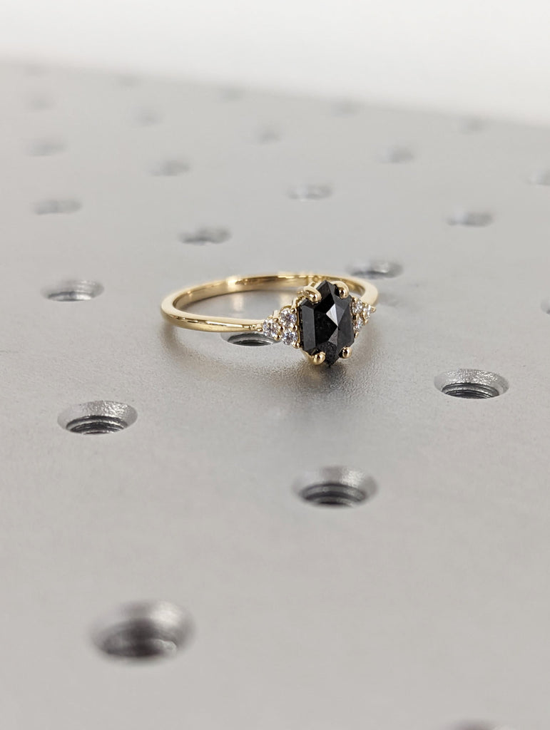 Raw Diamond Hexagon Round Diamond, Salt and Pepper, Unique Engagement Ring, Rose Cut Geometric Diamond Ring, 14k Gold, Custom Handmade