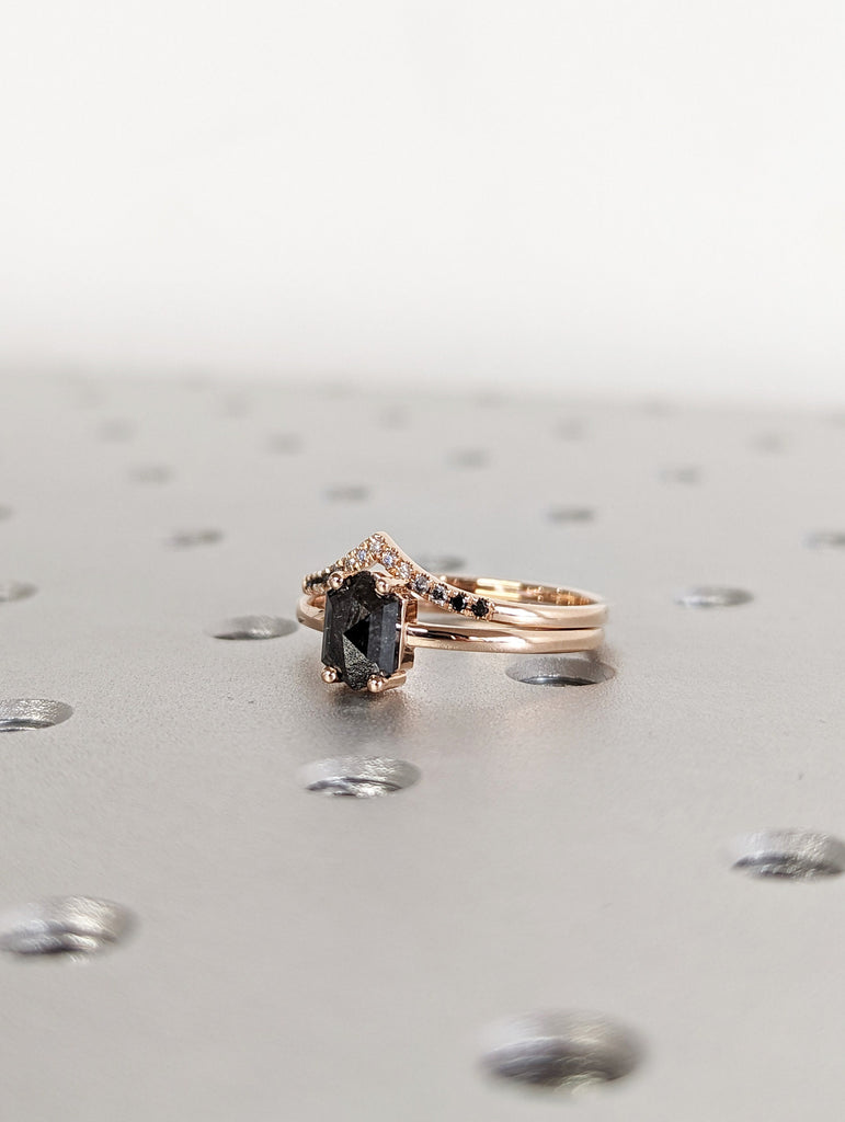 Raw Diamond, Salt and Pepper, Hexagon, Unique Engagement Ring, Bridal Set, Rose Cut Geometric Diamond Ring, 14k Gold, Custom Handmade
